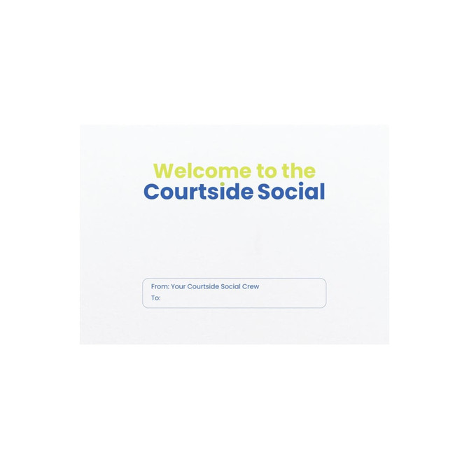 A promotional card featuring a welcome message in blue and yellow text, with a space for sender and receiver details.