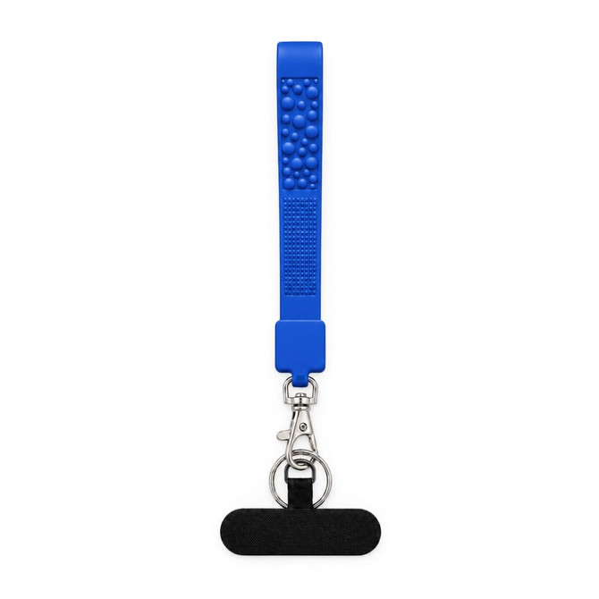 A blue wrist strap with textured sections, featuring a metal clip and a black attachment at the end.