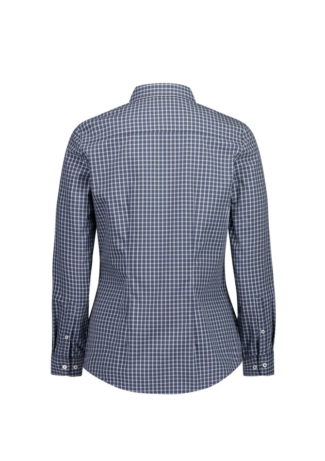 A women's long sleeve shirt in navy with a white check pattern. The back view displays a fitted design. It has a logo.