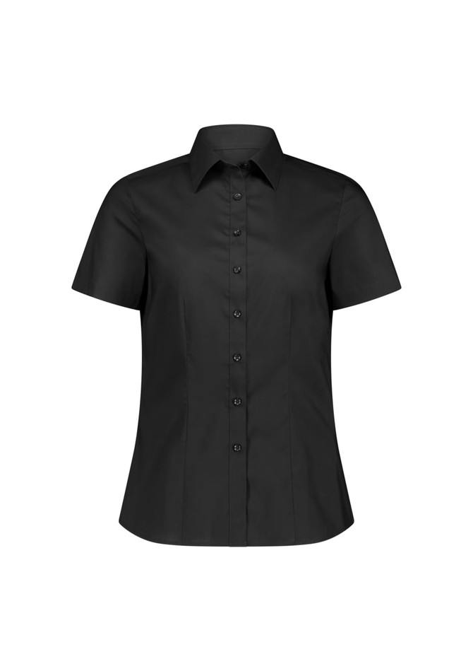 A short-sleeved women's shirt in black with a classic collar and buttoned front, featuring a logo.