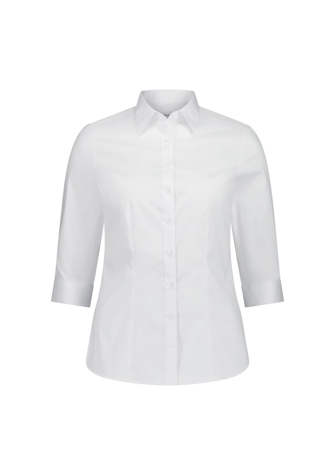 A white women's 3/4 sleeve shirt with a collar and button front, featuring a logo on the chest.