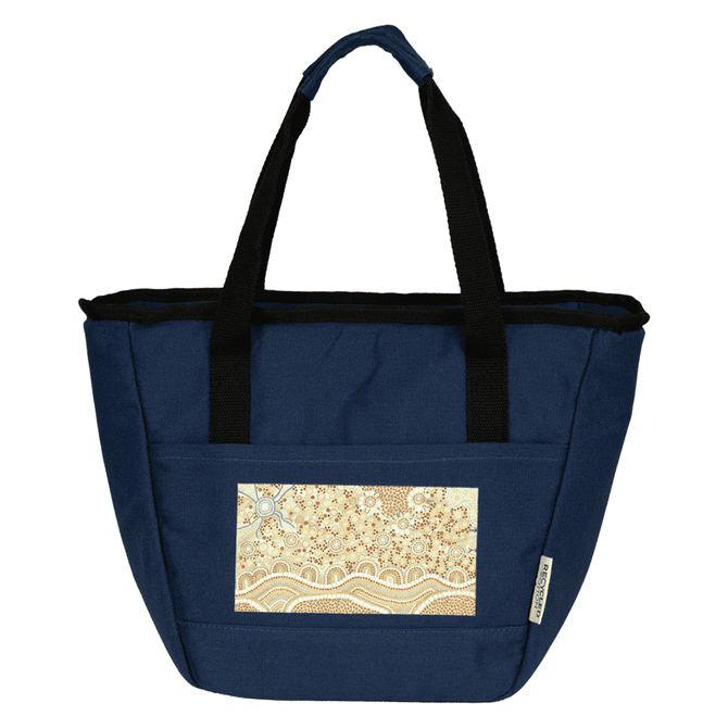 A navy cooler tote featuring a decorative panel, sturdy black handles, and a logo on the side.
