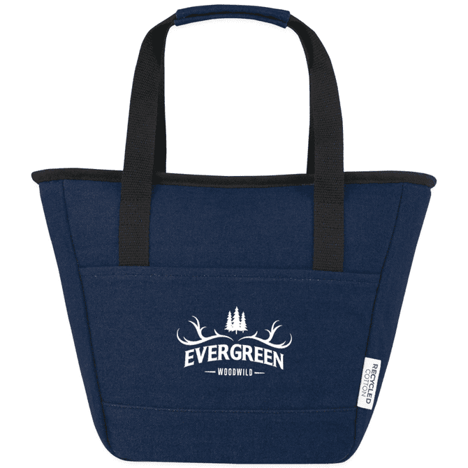 A navy blue cooler tote with black handles and a front pocket featuring a logo. Made from recycled canvas material.