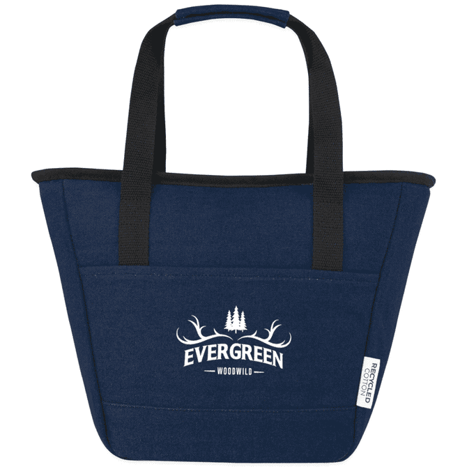 A navy blue cooler tote with black handles and a front pocket featuring a logo. Made from recycled canvas material.