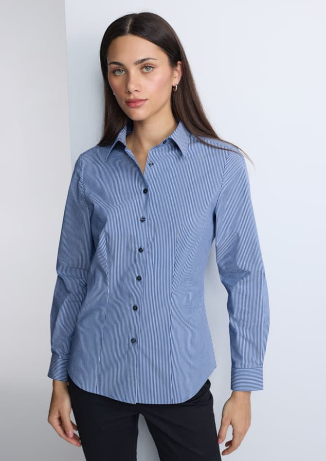 A blue and white striped long sleeve shirt with a button-down front, featuring a logo.