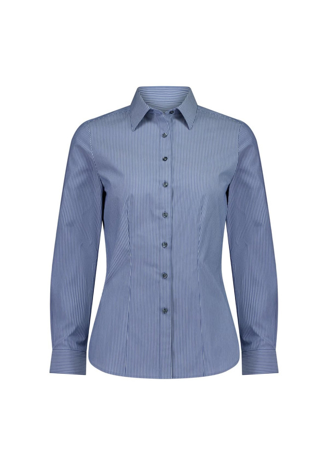 A women's long sleeve shirt in a blue striped pattern with a collar and button-up front. Features a logo.