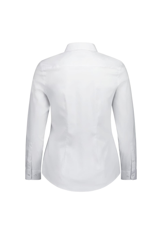 A white long sleeve women's shirt with a fitted style and buttoned cuffs, featuring a small logo on the back.