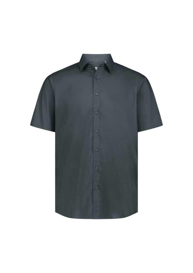 A classic fit short sleeve shirt in dark grey with a button-down front and a collar. Features a logo on the chest.