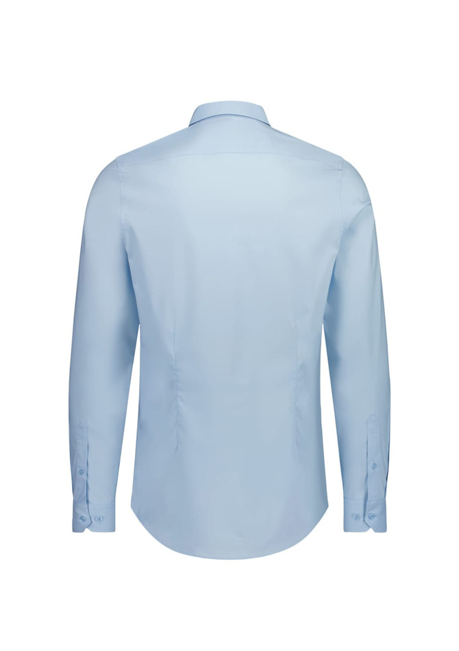 A light blue men's slim fit long sleeve shirt, featuring a collar and buttoned cuffs, with a logo present.