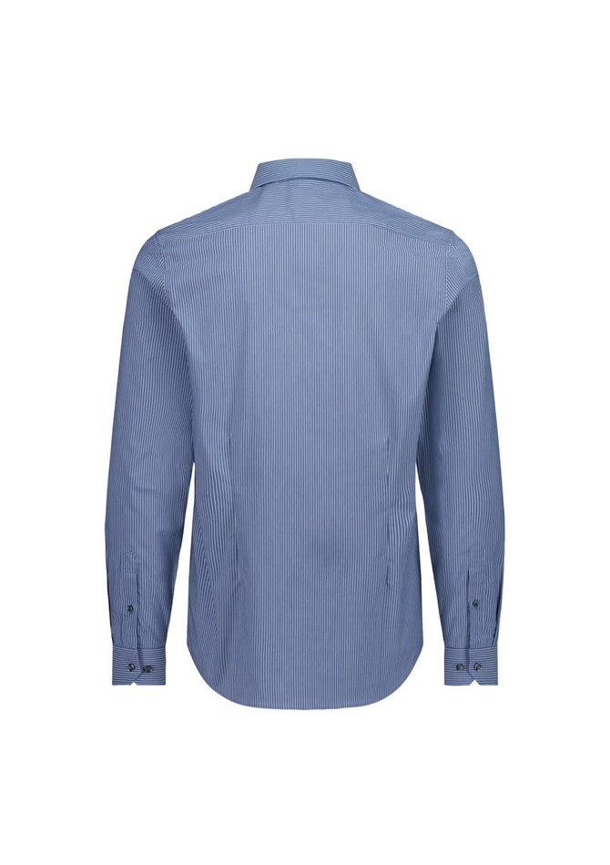 A blue and white striped long sleeve shirt with a slim fit design and a collar, featuring a branding logo.