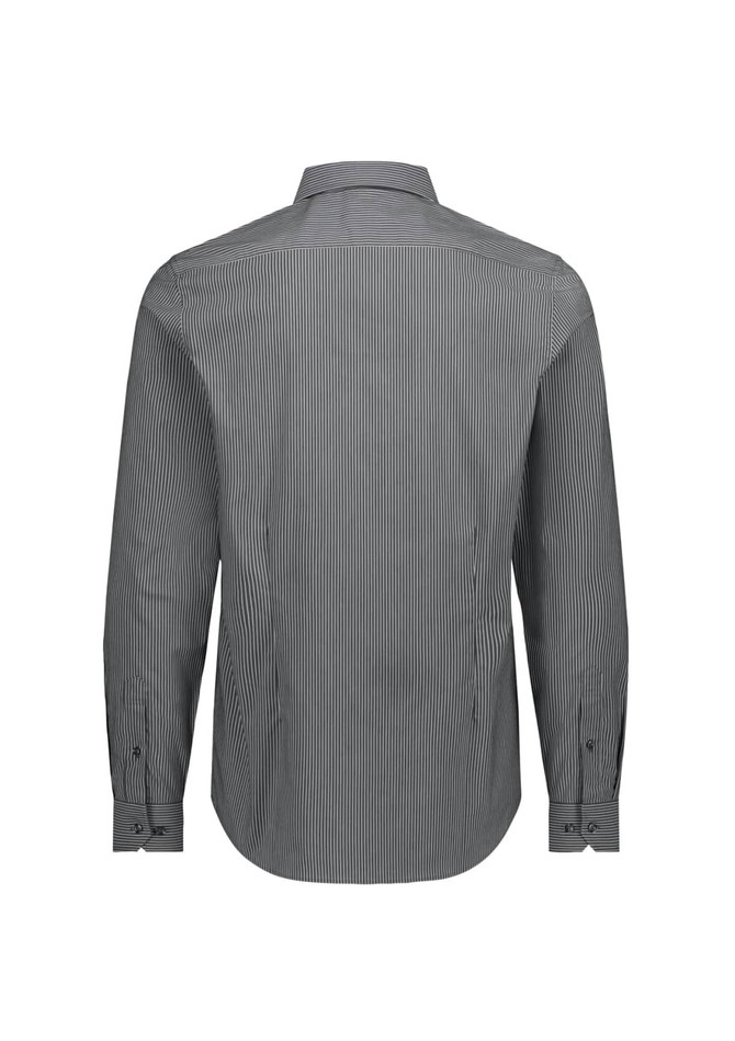 A men's slim fit long sleeve shirt featuring a black and white striped pattern, showcasing the back view. It has a logo.