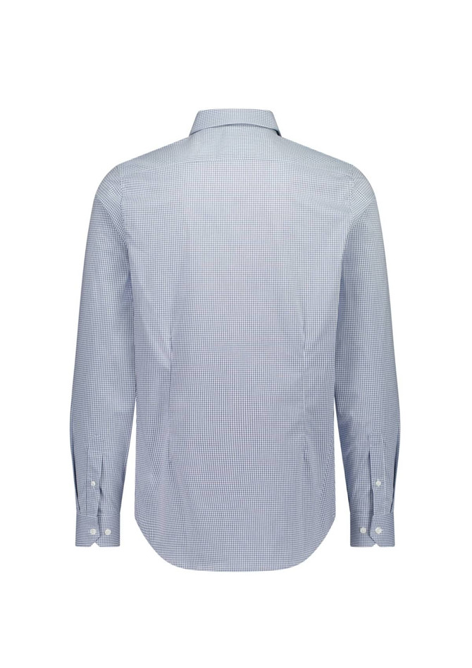 A blue and white checked slim fit long sleeve shirt with a back view and button cuffs. Includes a logo.
