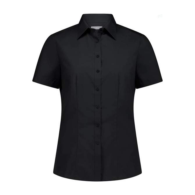 A black short sleeve women's shirt featuring a button-up front and a collar, with a subtle logo.