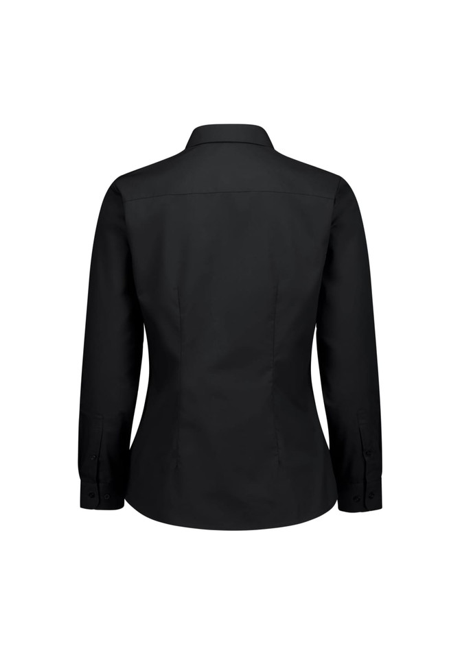 A black long sleeve women's shirt with a fitted design and a collar, featuring buttons on the cuffs.