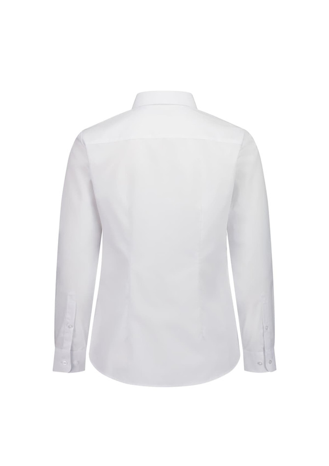 A white long sleeve shirt for women with a classic collar and buttoned cuffs. It features a logo on the back.