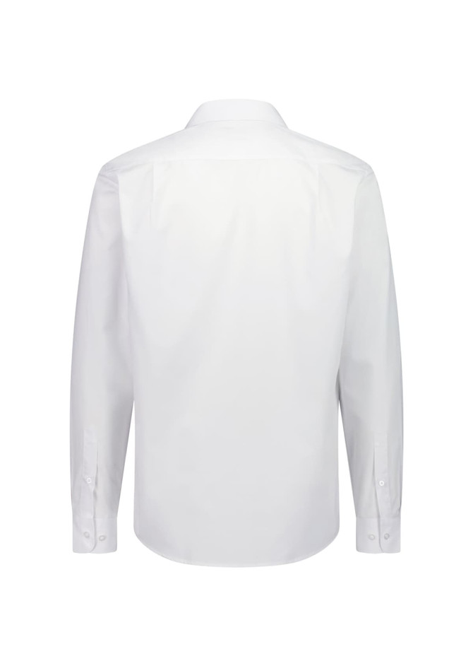 A white long sleeve shirt with a classic fit, featuring a collar and buttoned cuffs. The back view is displayed.