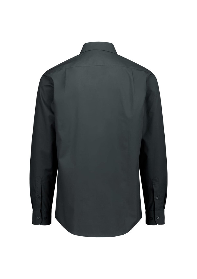 A dark grey long sleeve shirt with a classic fit, featuring a collar and buttoned cuffs. It has a logo on it.
