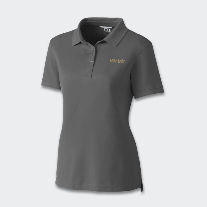 A women's polo in grey with a collar and a logo on the front.