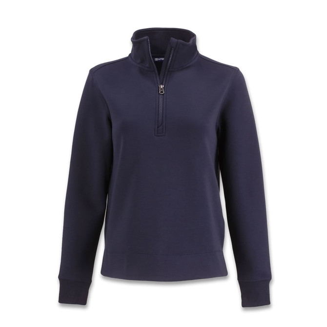 A navy half zip jacket for women, featuring long sleeves and a collar. It has a logo on the sleeve.