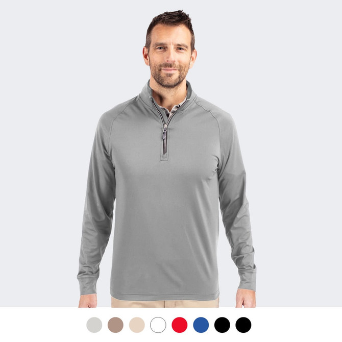 A man wearing a grey half-zip pullover, featuring long sleeves and a collar, with a logo. Different colour options below.