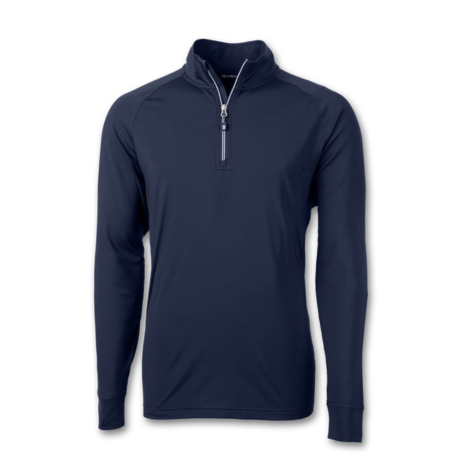 A navy half-zip pullover with long sleeves, featuring a zippered neck and a logo.
