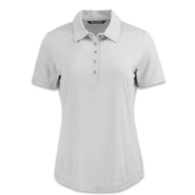 A light grey women's polo shirt with a collar and short sleeves, featuring a button placket and a logo.