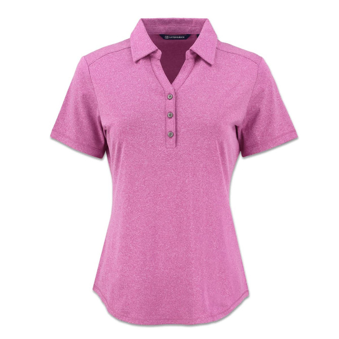 A pink women's polo shirt featuring a collared neckline and four-button placket, with a logo on the chest.