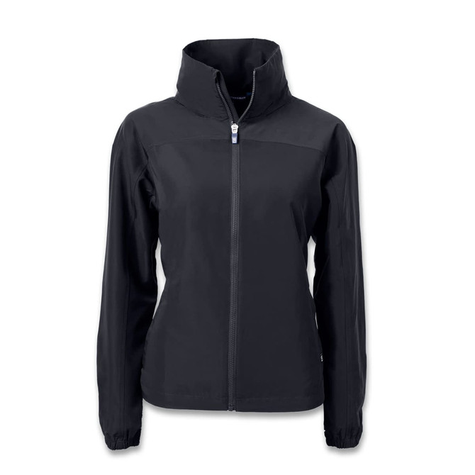 A women's full zip jacket in black with a high collar and long sleeves, featuring a logo on the side.