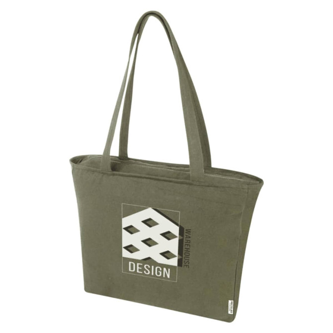 An olive green tote bag with two handles and a logo on the front. Spacious design ideal for carrying items.