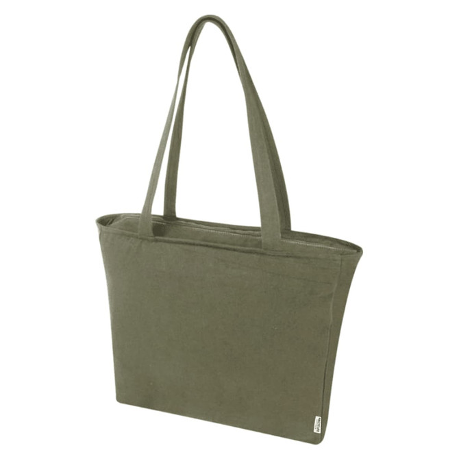 A green recycled zip tote bag with two handles and a spacious opening, featuring a branded logo.