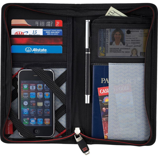A black travel wallet with multiple card slots, a pen, a phone pocket, and a transparent pocket for documents.