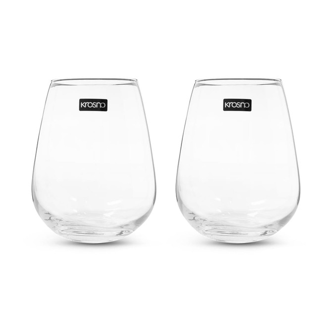 A set of two clear stemless wine glasses with a logo on each.