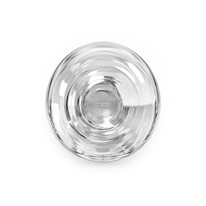 A set of clear stemless wine glasses, showcasing their smooth, modern design from a top-down perspective.