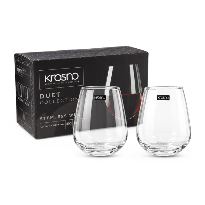 Stemless wine glass set in clear glass with a black branded box showcasing two glasses.