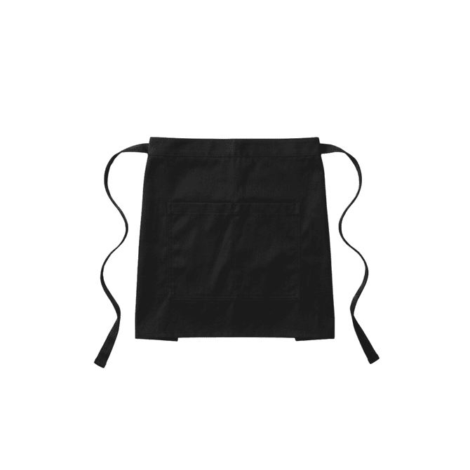 A black half bib short apron with a pocket and two side ties. It features a simple design and a logo.