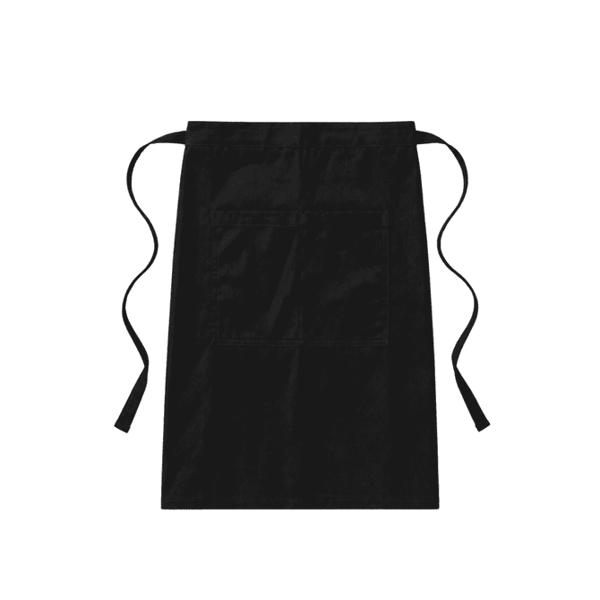A black half bib long apron featuring a pocket and ties on either side. The apron has a simple, clean design.