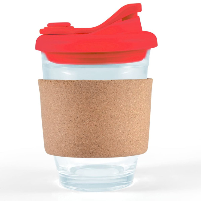 A clear coffee cup with a red snap lid and a cork band around its middle. It has a logo.