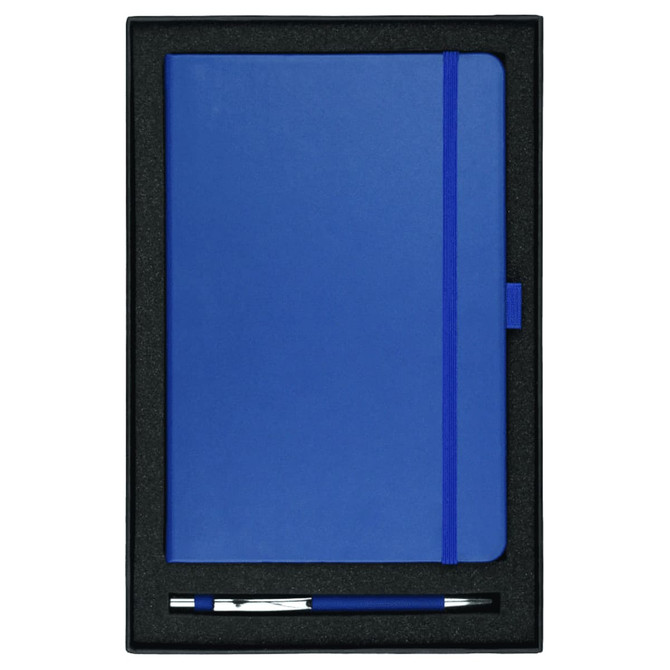A blue journal and pen set presented in a black gift box with a logo on the journal.