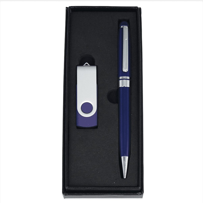 A pen and a purple USB flash drive are elegantly presented in a black gift box. The box features a simple design.