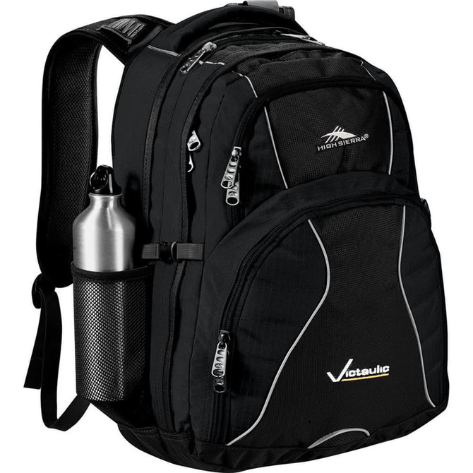 A black 34L backpack with multiple pockets, a drink bottle holder, and a logo.