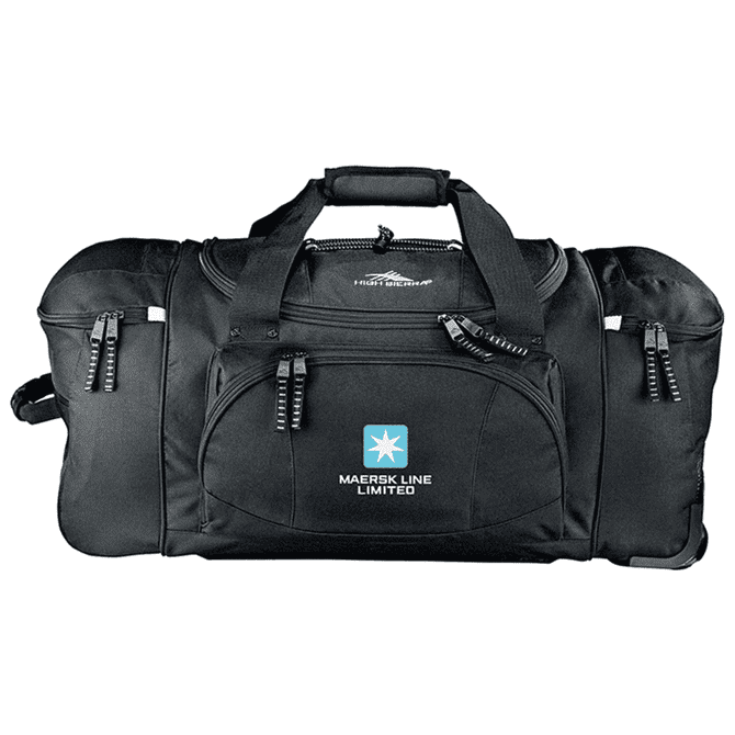 A black wheeled duffel bag with multiple compartments and a logo on the front.