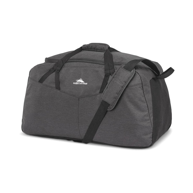 A large, dark grey duffel bag with dual handles and a removable shoulder strap, featuring a logo.