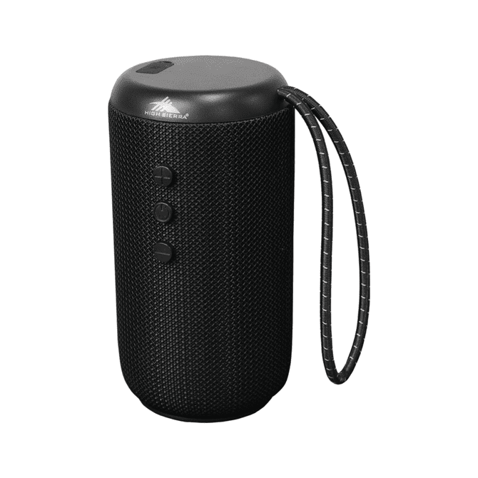 A cylindrical black Bluetooth speaker with a textured surface, buttons on the front, and a carrying strap.