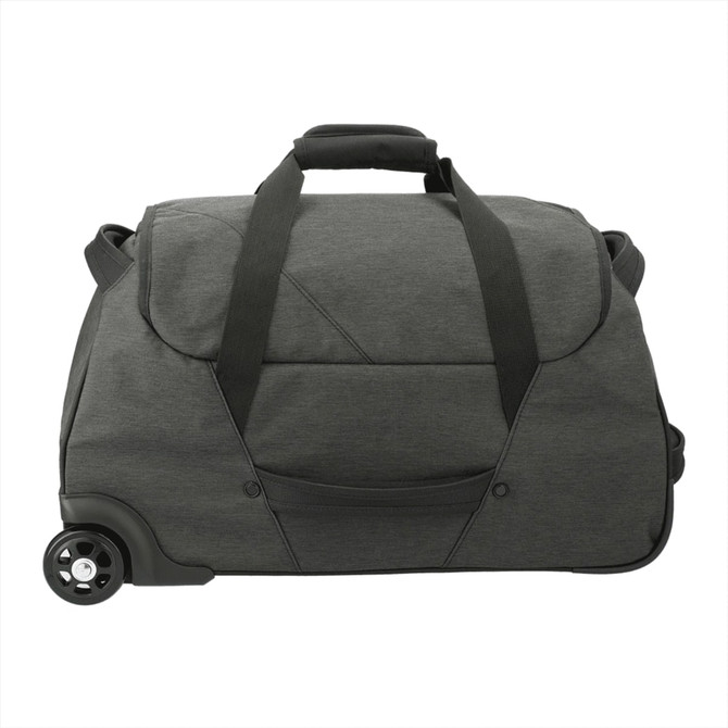 A wheeled duffel bag in grey fabric with dual top handles and a single wheel for mobility.