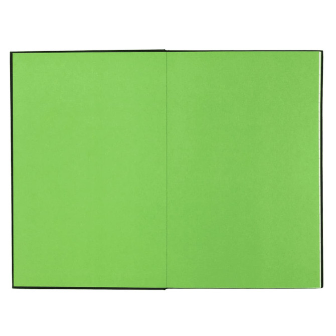 A bright green journal with black edges, featuring two open pages. The journal has a branding logo on the cover.