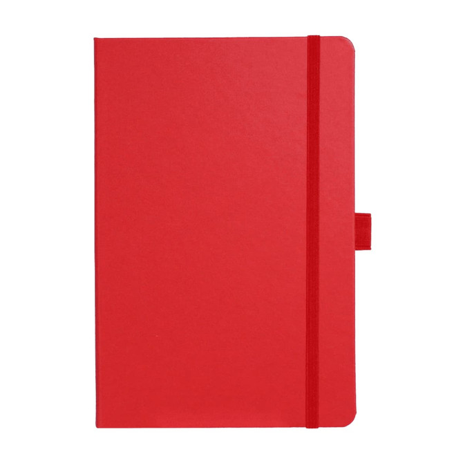 A red notebook with a flat cover, an elastic band closure, and a logo on the front.