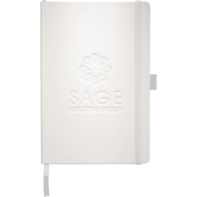 A white Nova Bound JournalBook with an embossed logo and a ribbon bookmark.