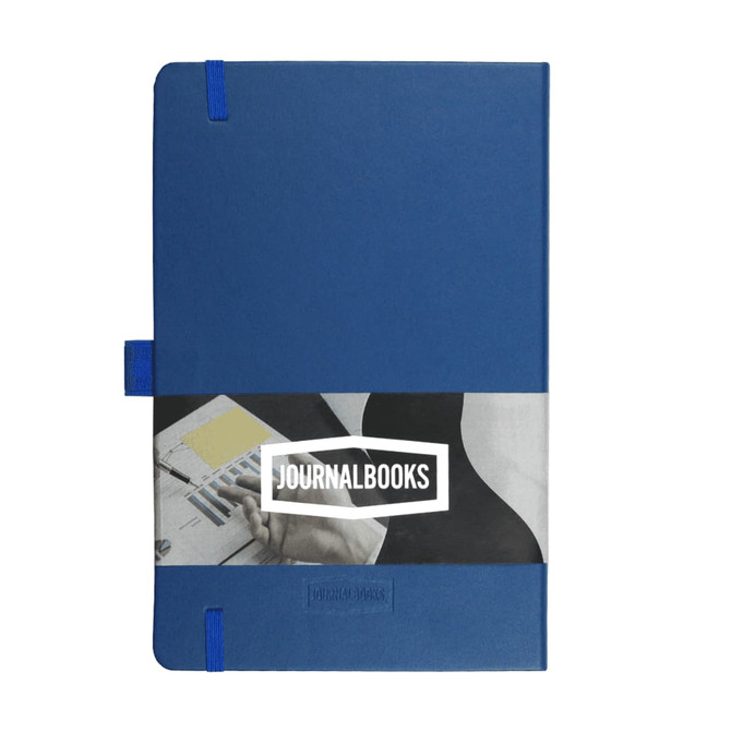 A blue Nova Bound JournalBook features an elastic closure and a branding logo on the cover.