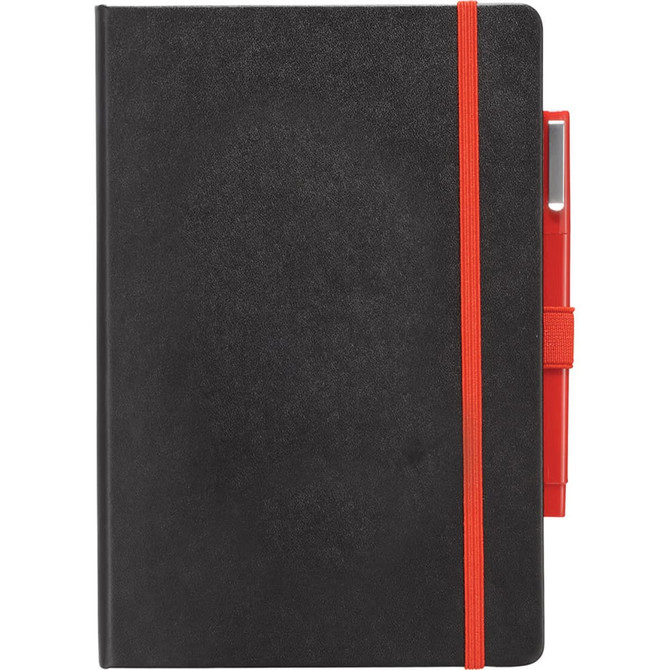 A black journal with a red elastic band and a matching pen holder, featuring a sleek design and a logo.