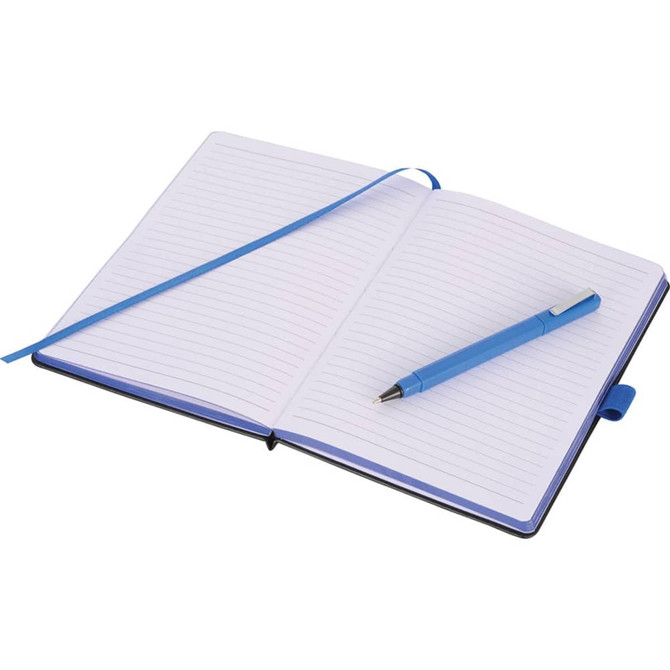 A blue-bound journal with lined pages and a matching pen resting inside, featuring a bookmark ribbon.